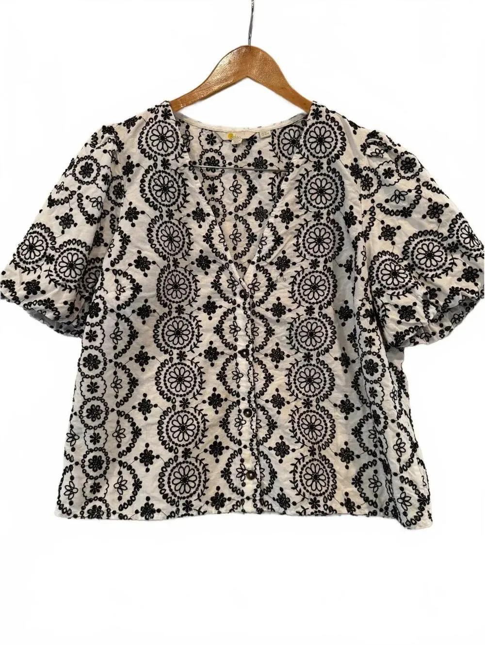 Boden Embroidered Puff Sleeve Blouse Ivory Black Plus Size 16/18